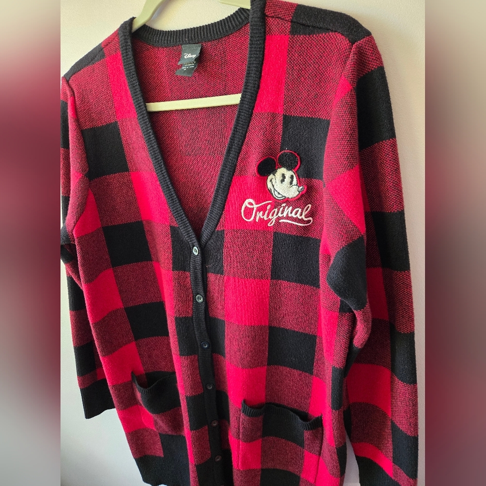 Disney Parks Mickey Mouse Buffalo Plaid Cardigan Sweater - Red & Black - Size L - Picture 2 of 11